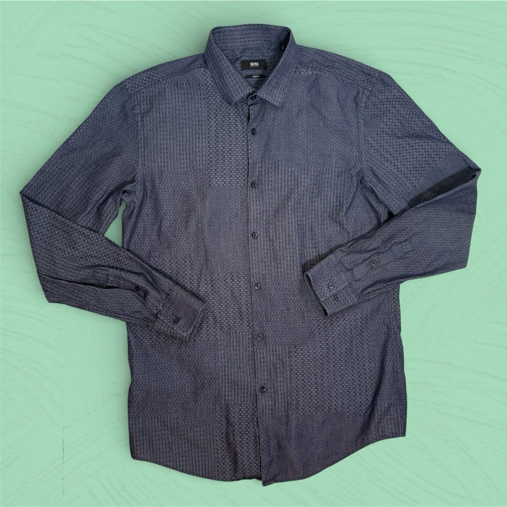 Hugo Boss Slim Fit Dress Shirt 16 / 41 Navy Textured Italian Fabric